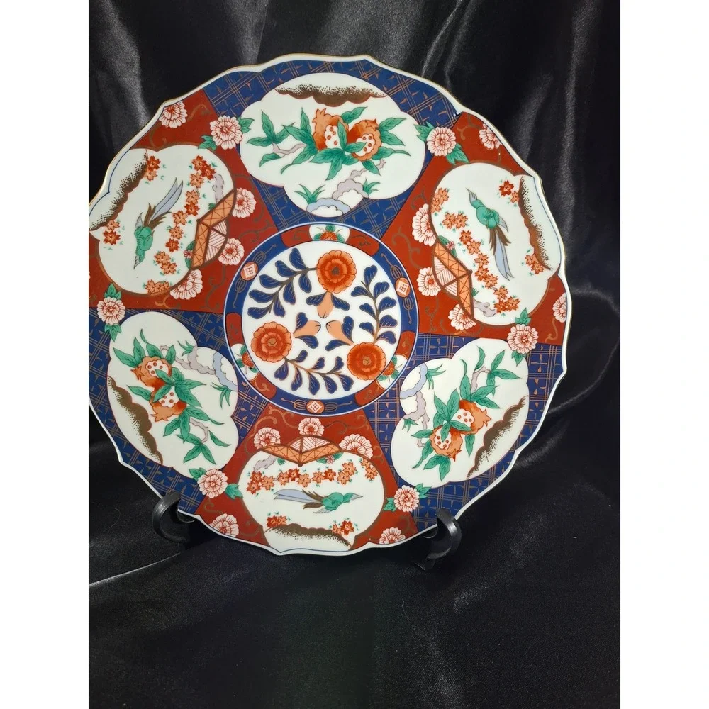 Vintage Japanese Imari Porcelain Charger Plate Scalloped Bird Floral Gold 12